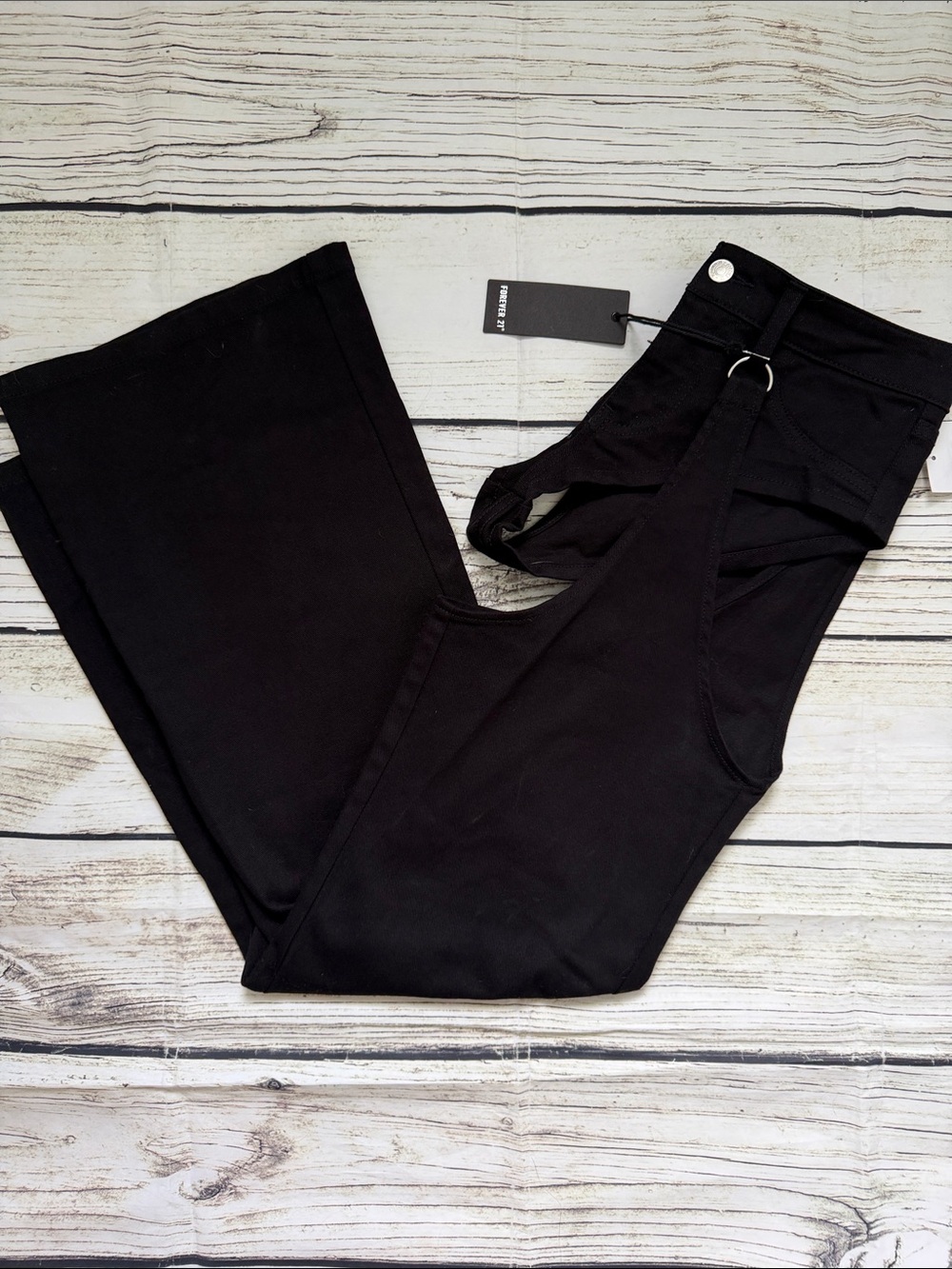 ♡ Forever 21 Black Women's Biker Denim Short Shorts Open Wide Leg Jean S